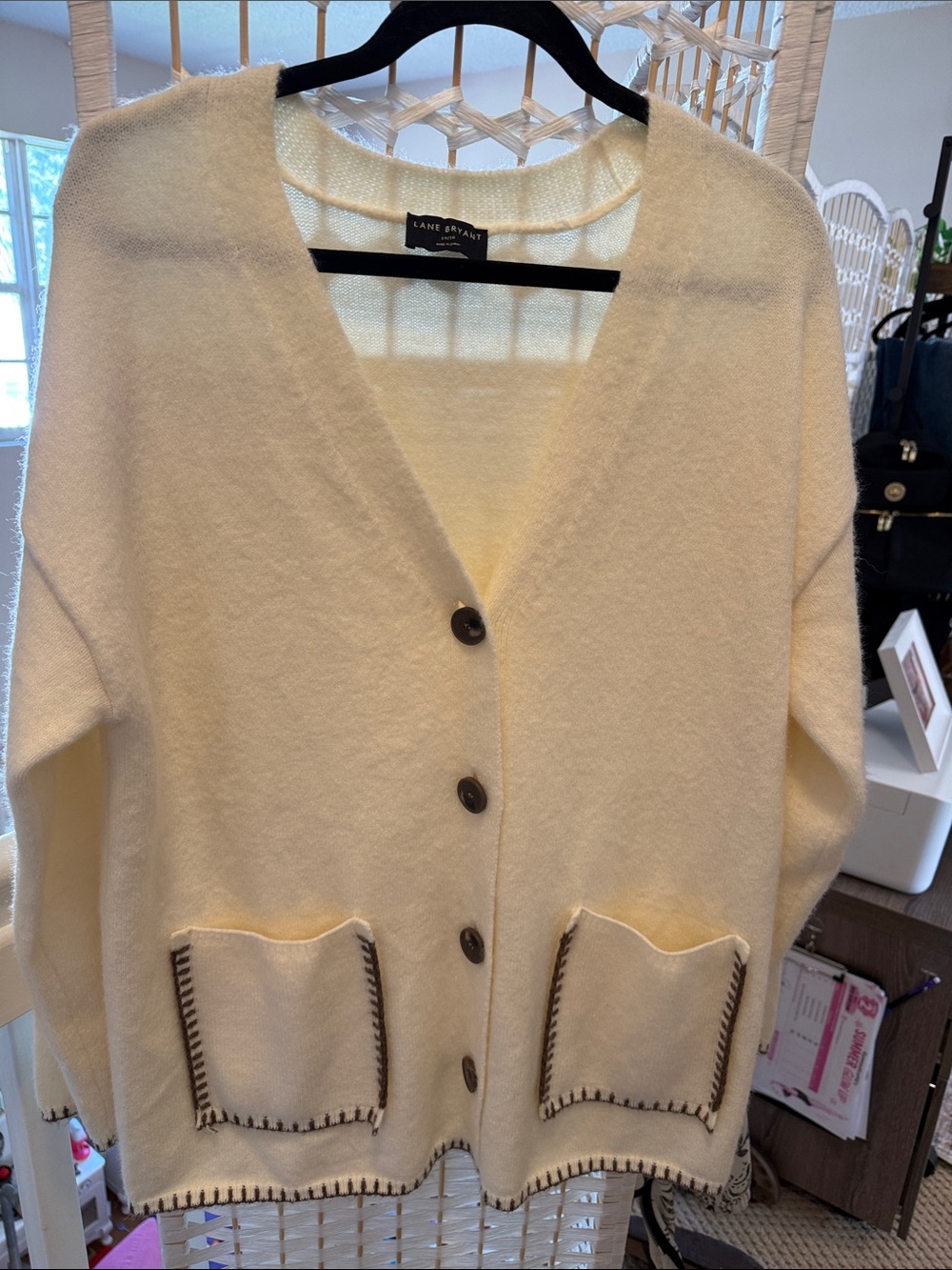 Lane Bryant Cream V-Neck Button Front Cardigan with Contrast Stitch